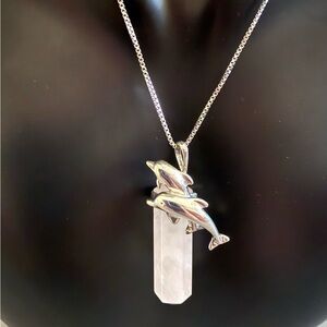 Dolphin Necklace Rose Quartz Sterling Silver Pendant Necklace Healing Stone VTG